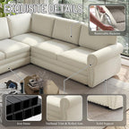 118'' Sectional Sleeper Sofa Bed King Size, Oversized Pull Out Couch, Chenille 6-Seater L-Shape Convertible Sofa with Nailhead Trim, Modern Upholstered Living Room Couches for Apartment, Beige