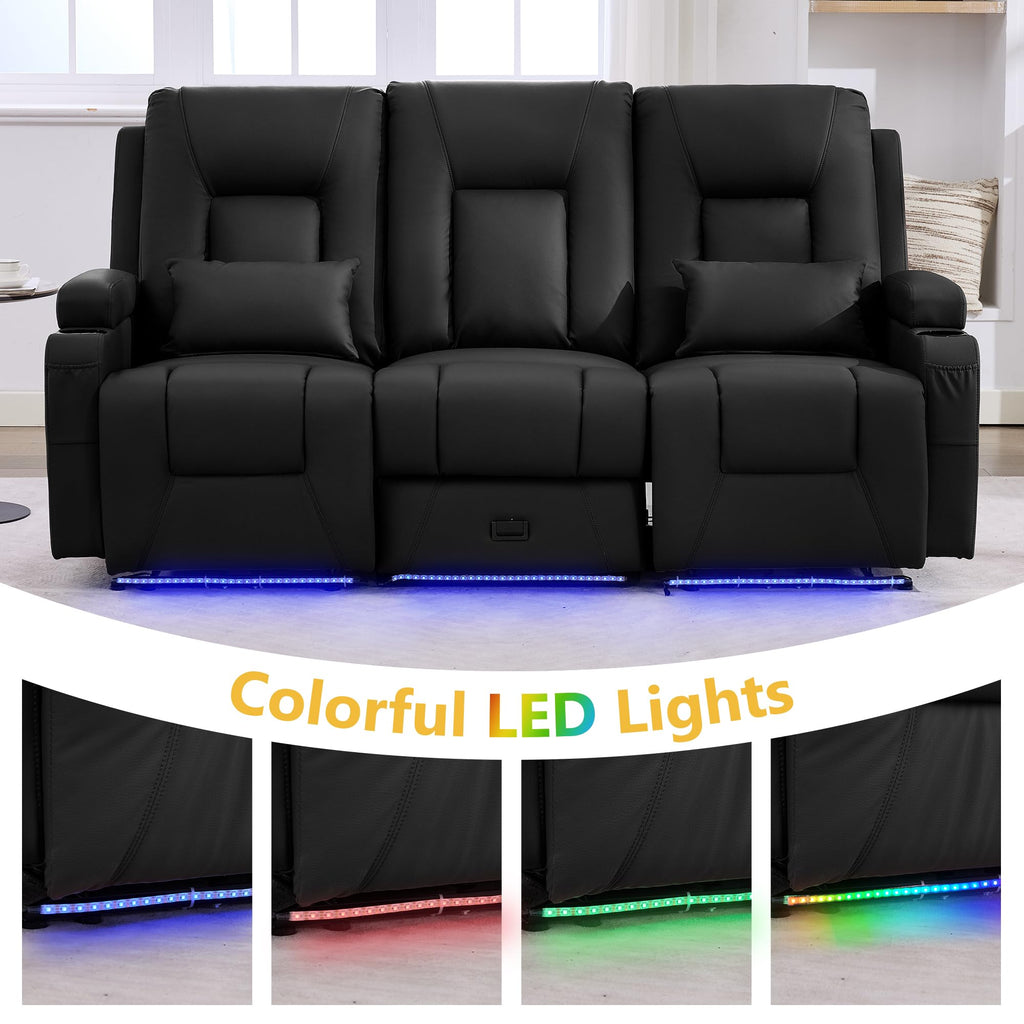 URRED Power Loveseat Recliner Sofa with Console, Wall Hugger Reclining Loveseat RV Couch with LED Light, 150° Zero Gravity Recliners Modular Couches for Living Room (Black, 77.3'' - 3 Seats)