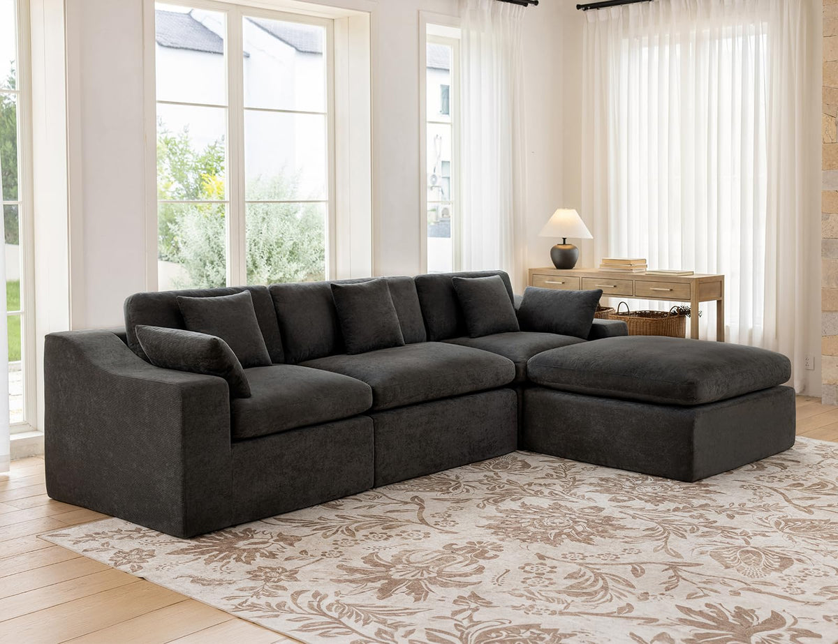 120" Cloud Sectional Couches -Oversized Modern Modular Sofa with Curved Handrail, Convertible L-Shape Couch with Ottoman,4 Chenille Seater Modular Sectional Sofa for Living Room,White