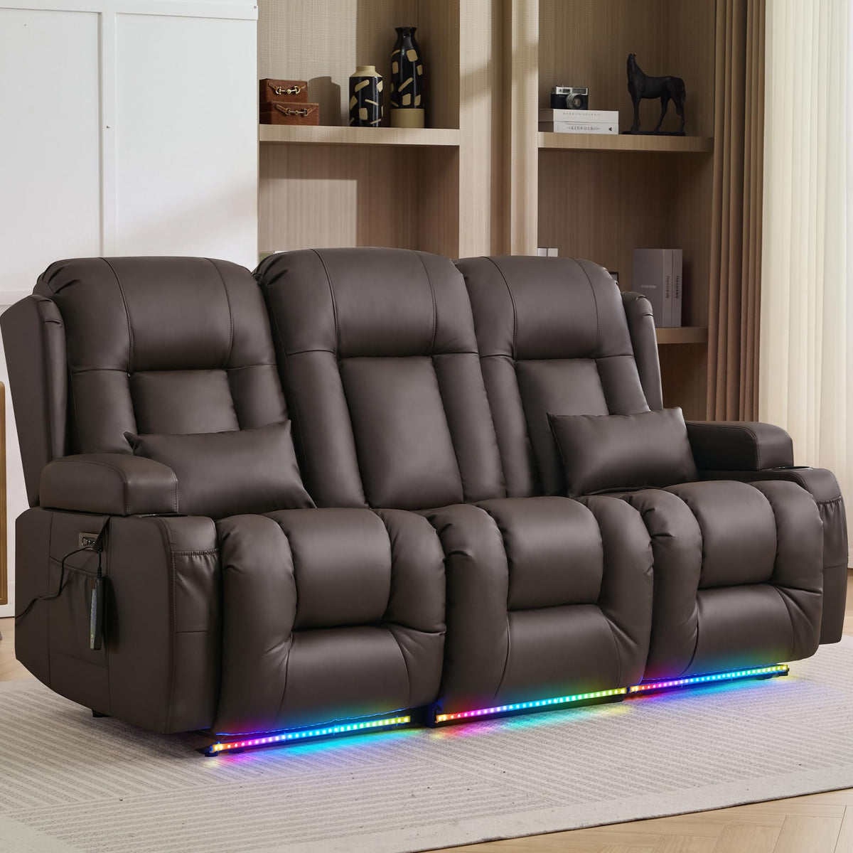TUNYI Wall Hugger Loveseat Recliner Sofa with Console, Power Reclining Loveseat RV Couch with Massage & Heat/USB/Outlet/Storage/LED Light/Speaker (Blue, 2 Seat with Console)