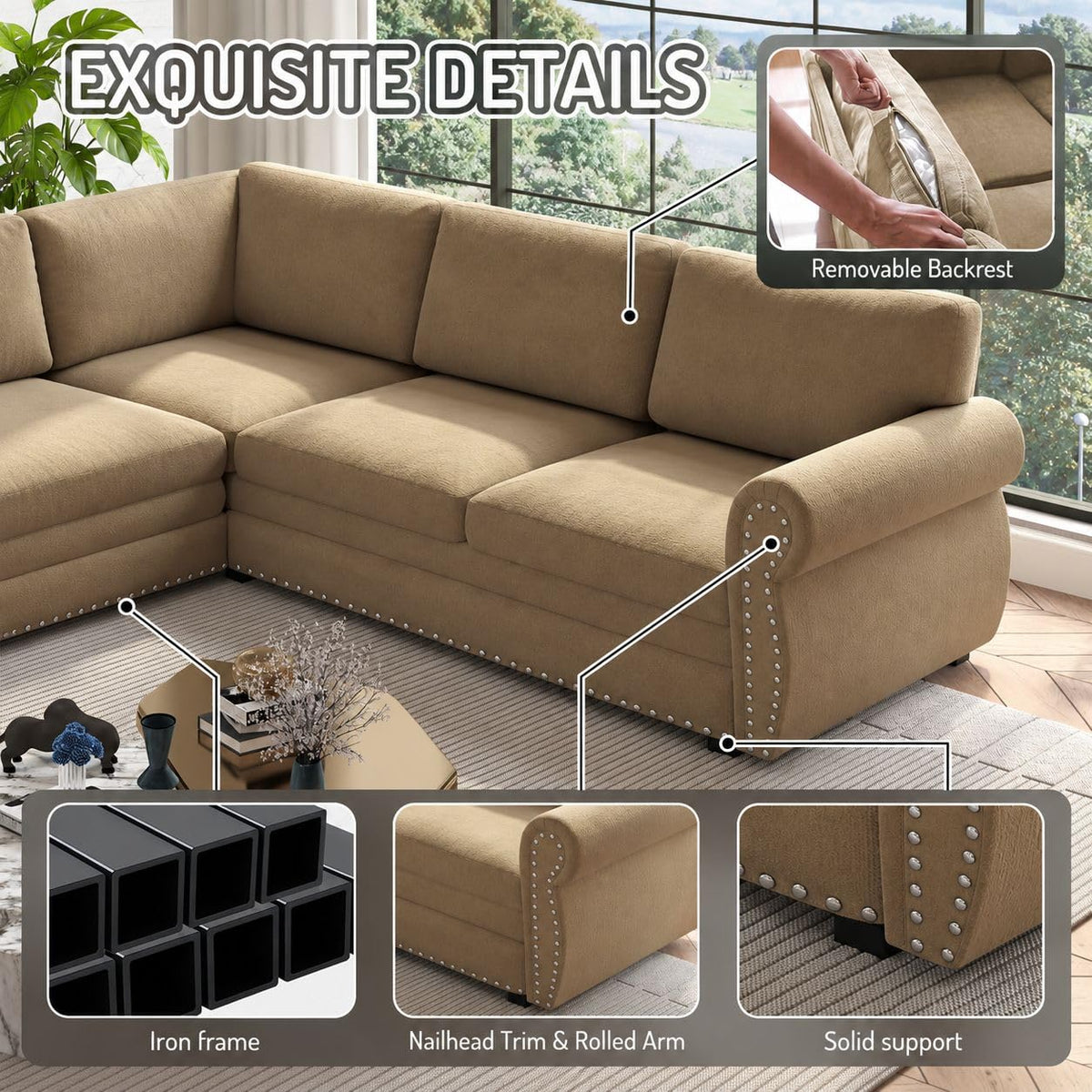 118" Sectional Sleeper Sofa with Pull Out Bed Chenille 6 Seater Couch