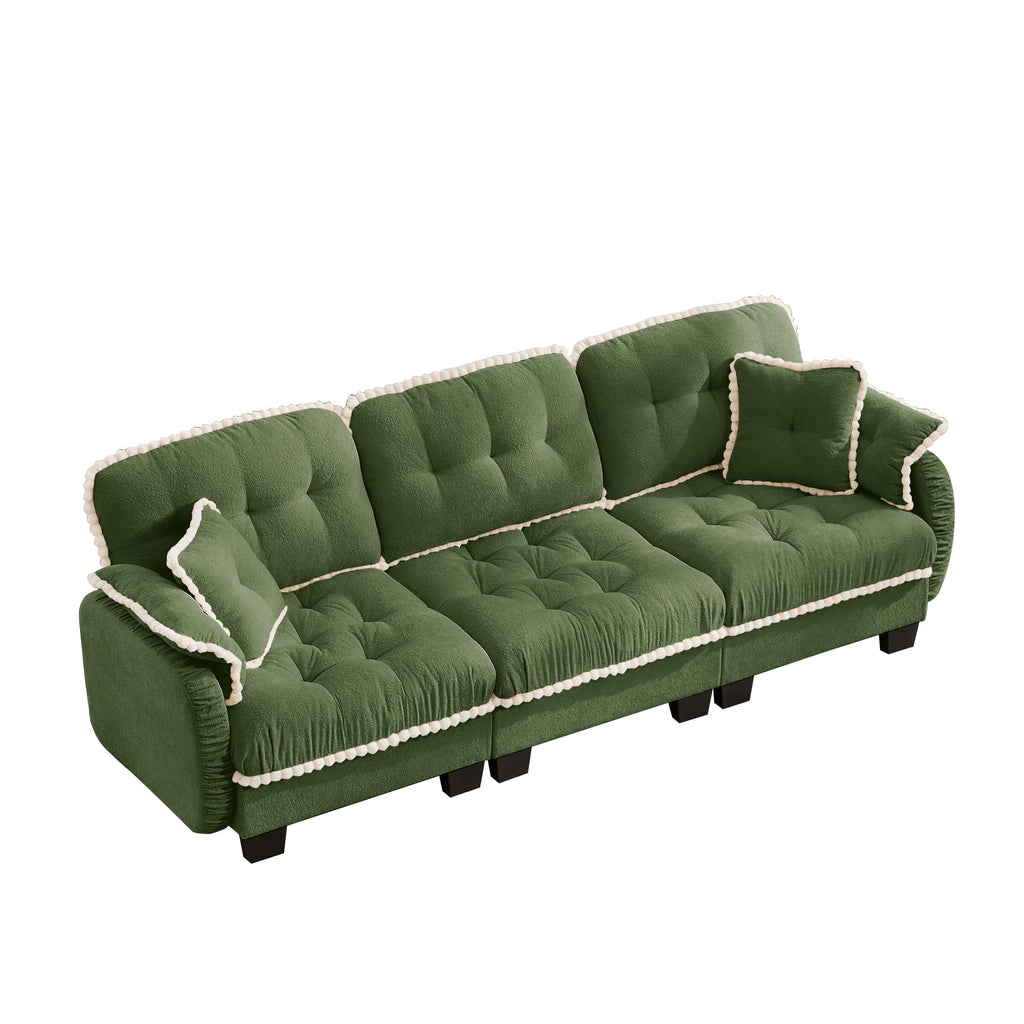 100.7" Chenille Cloud 3-Seater Sofa, Tufted Deep Seat Couch with Pom-Pom Trim & 4 Pillows, Ergonomic Easy Assembly Modular Sofa for Living Room & Apartment（Green ）