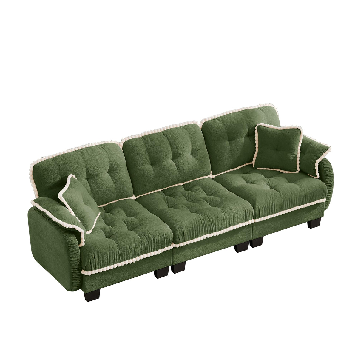 100.7" Chenille Cloud 3-Seater Sofa, Tufted Deep Seat Couch with Pom-Pom Trim & 4 Pillows, Ergonomic Easy Assembly Modular Sofa for Living Room & Apartment（Green ）