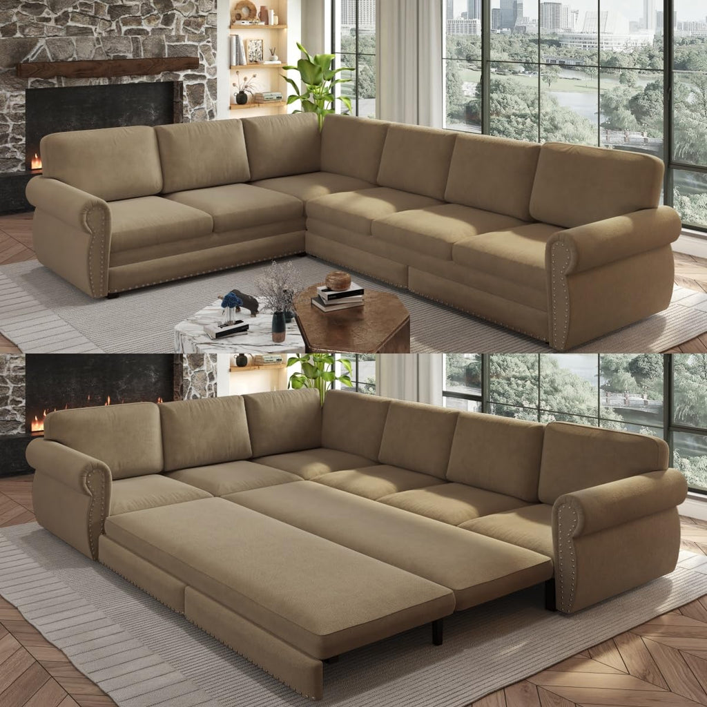 118" L-Shaped Sectional Sleeper Sofa Bed with Pull Out Couch, Dark Grey