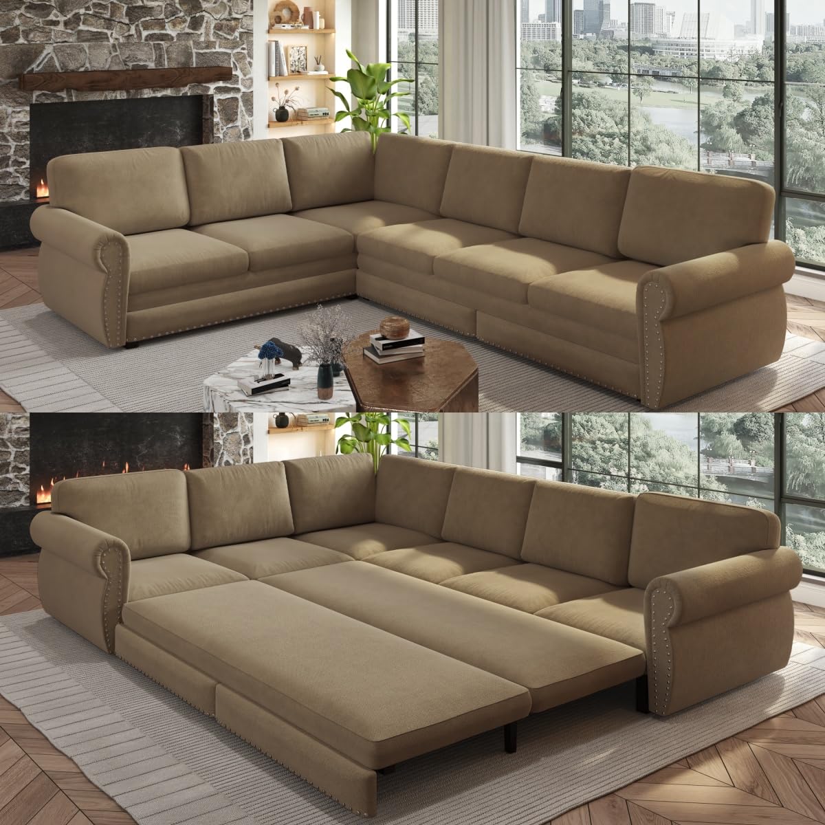 118" Sleeper Sofa Bed, Sectional Couches for Living Room/Apartment, Chenille L Shaped Couch with Pull Out Couch Bed, Convertible Sectional Sofa with Rolled Arm & Nailhead Trim, Green