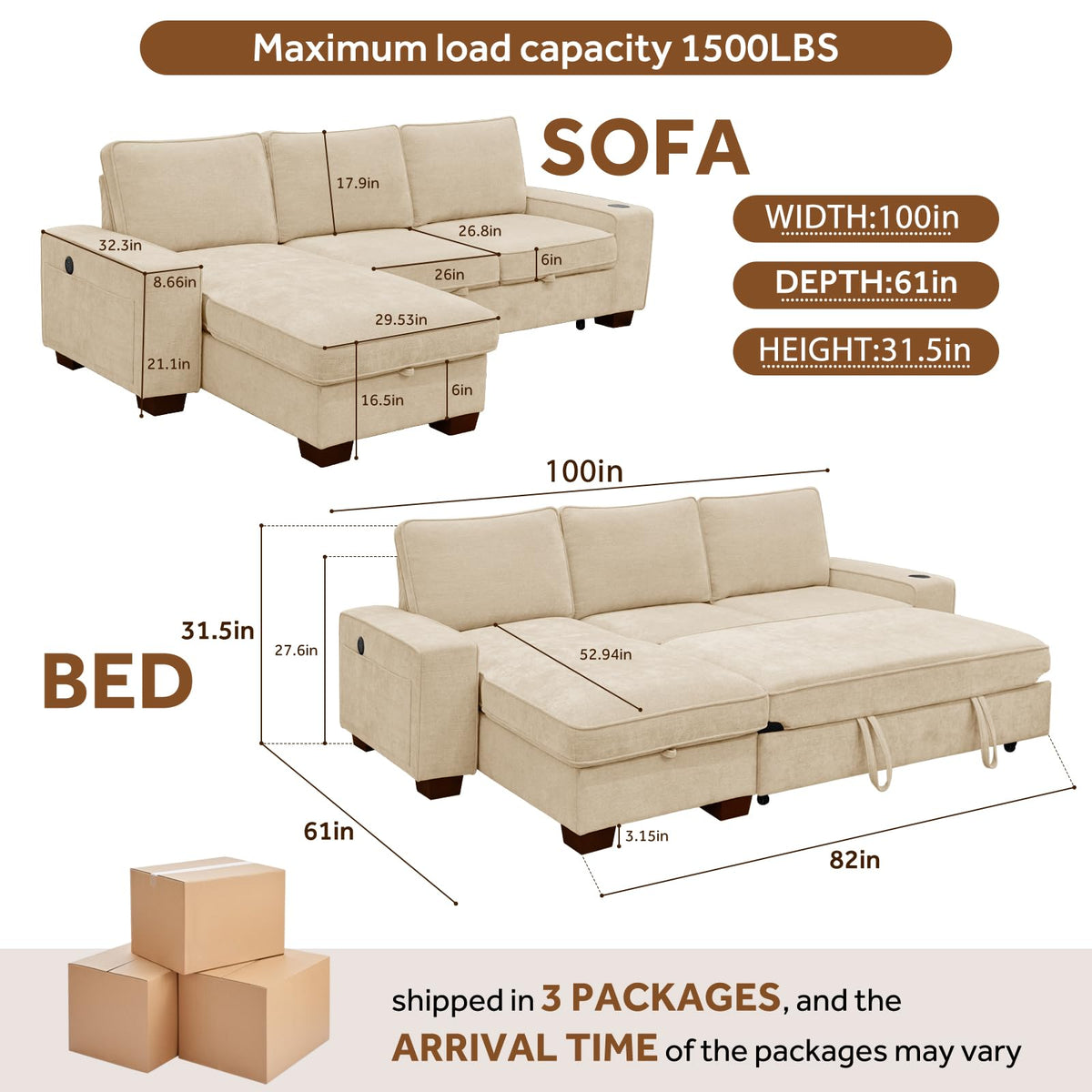 100" L-Shaped Sectional Sleeper Sofa Bed with Storage Chaise, Beige