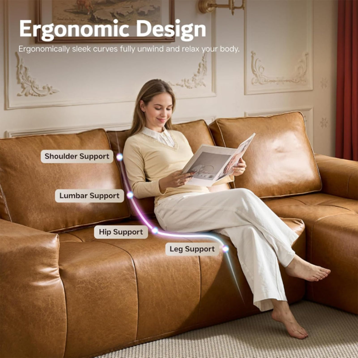 114" Faux Leather L-Shaped Couch, Boneless Couch for Living Room