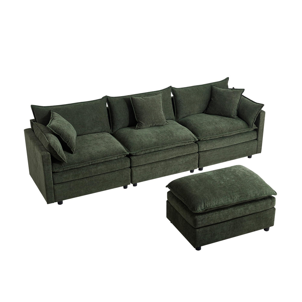 108.66" L Shaped Modular Sectional Couch, Comfy Chenille Upholstered Cloud Couches with Movable Ottoman for Living Room, Modern 3 Seater Sofa with Pillows for Apartment, Green