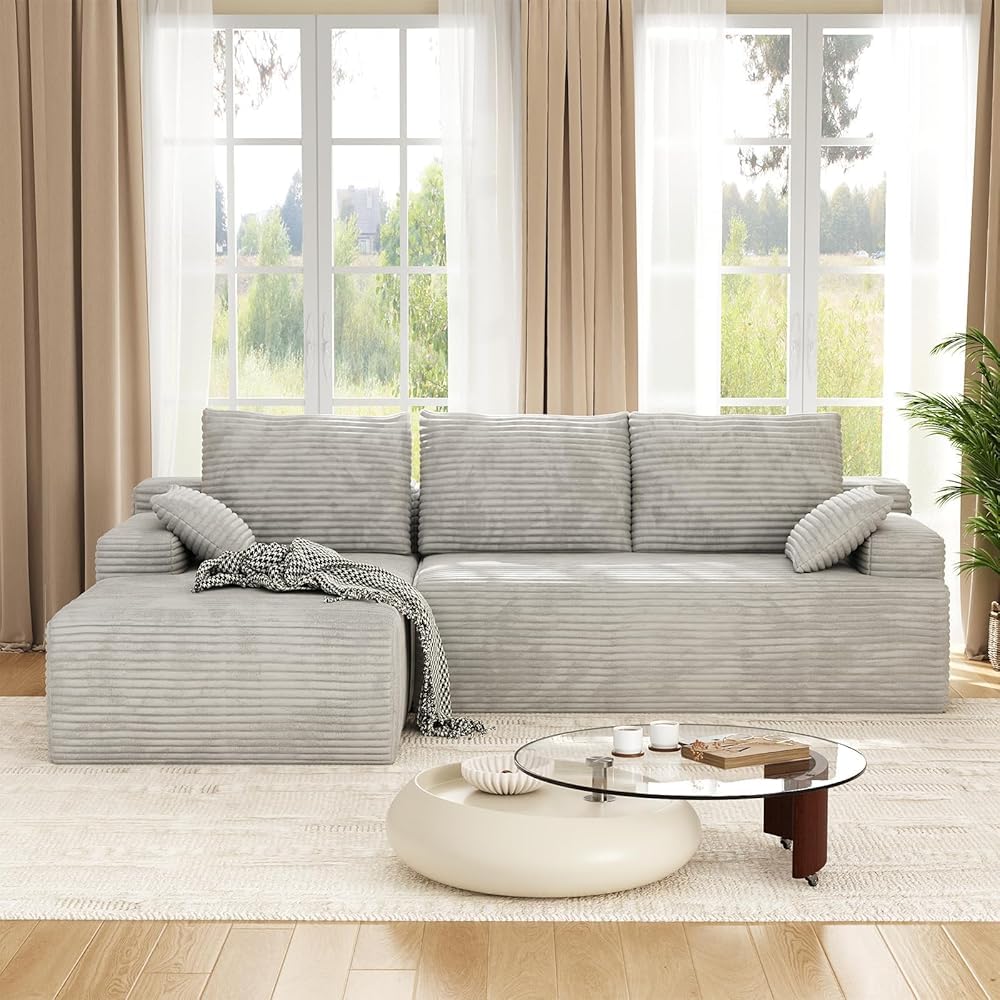 104-inch L-Shaped Foam Sofa Set with Corduroy Fabric and Fabric Pouches