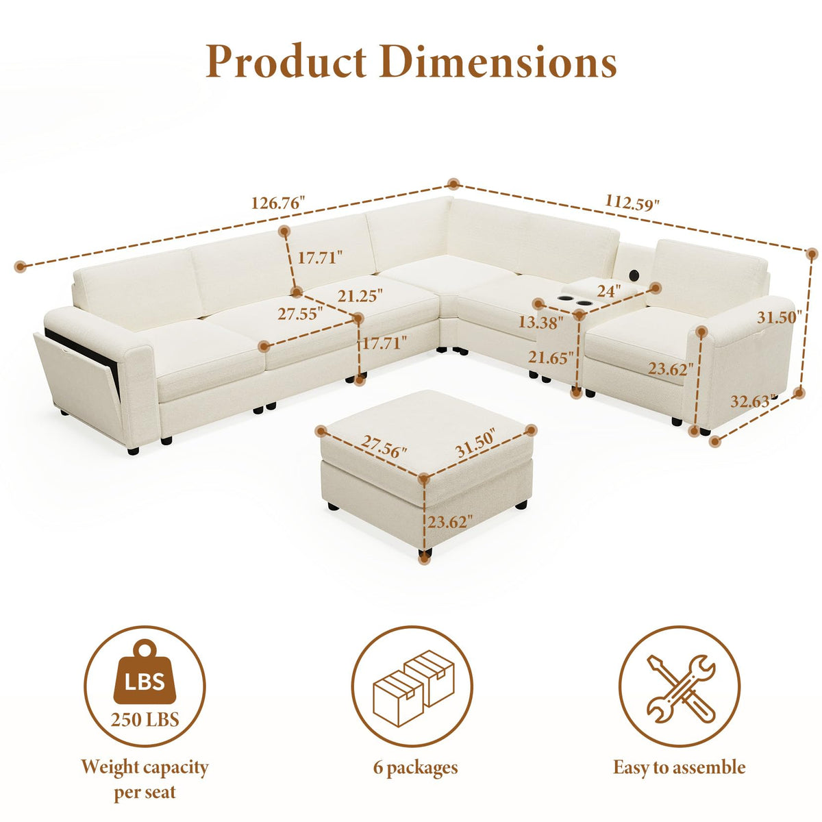 Vesgantti Oversized 6-Seater Chenille L Shaped Sectional Sofa, Beige