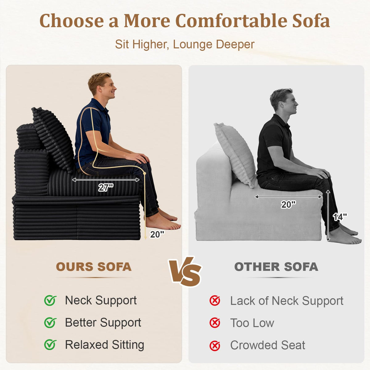 Upgraded Boneless Couch with Storage, 107" Modular Sectional Sofa Couches for Living Room, Extra Deep&High 3 Seater U-Shaped Boneless Sofa with Ottoman, Tool-Free Assembly, Black