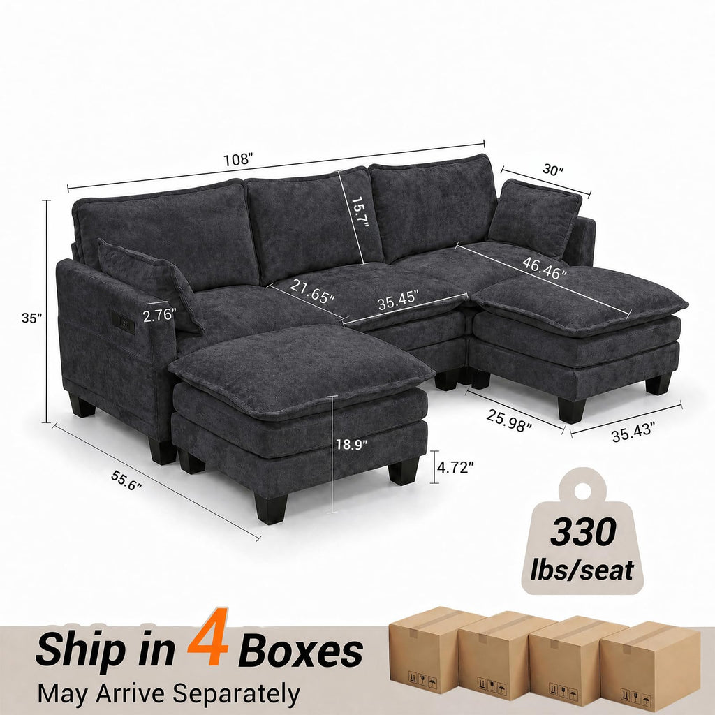 108" Modular Sectional Sofa Cloud Couch - U Shape Sofa with Charging Station Side Storage - Chenille Comfy Couches with Ottoman Movable for Living Room Bedroom Apartment Office, Black