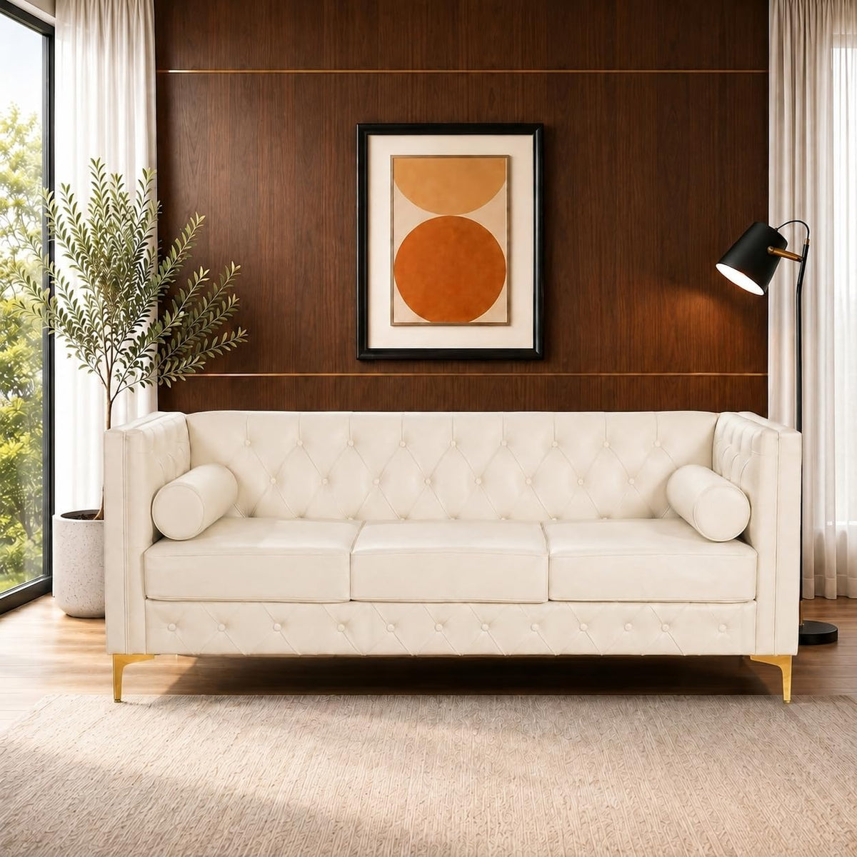 78.5" Cream White Faux Leather Sofa Couch for Living Room, Luxury Button T