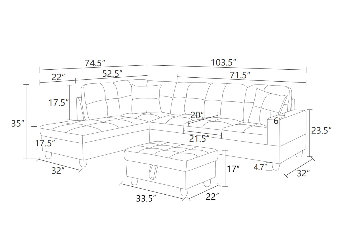 103.5" Sectional Couch with Movable Ottoman, L Shaped 4 Seater PU Faux Leather Sofa w/Chaise Lounge, Comfy Modern Modular Couch for Living Room, Apartment, White Stripes, Right, 3PCS