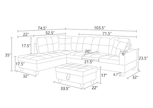 103.5" Sectional Couch with Movable Ottoman, L Shaped 4 Seater PU Faux Leather Sofa w/Chaise Lounge, Comfy Modern Modular Couch for Living Room, Apartment, White Stripes, Right, 3PCS