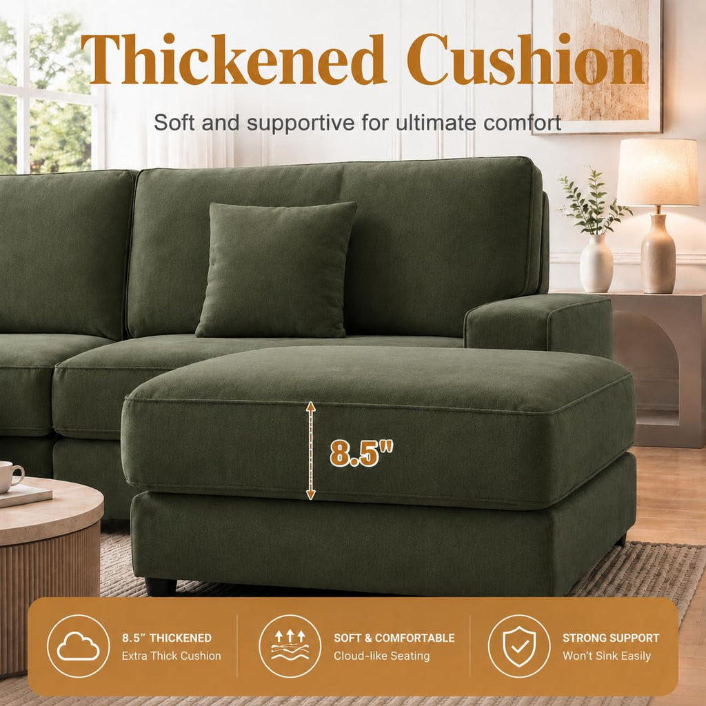 Vipbear 114" Modular Sectional L Shaped Sofa Couches,for Living Room,Oversized Cloud Couch with Movable Ottoman,Comfy Chenille Sofa with Pillow,Side Pockets,Bedroom,Apartment,Green