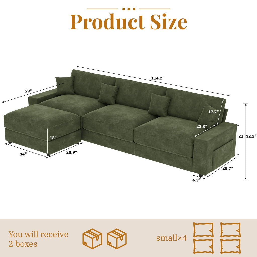 Vipbear 114" Modular Sectional L Shaped Sofa Couches,for Living Room,Oversized Cloud Couch with Movable Ottoman,Comfy Chenille Sofa with Pillow,Side Pockets,Bedroom,Apartment,Green