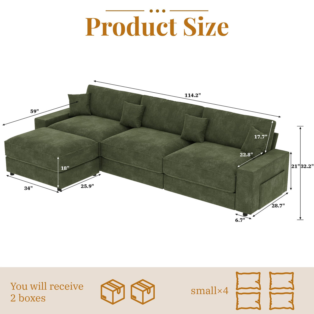 Vipbear 114" Modular Sectional L Shaped Sofa Couches,for Living Room,Oversized Cloud Couch with Movable Ottoman,Comfy Chenille Sofa with Pillow,Side Pockets,Bedroom,Apartment,Green