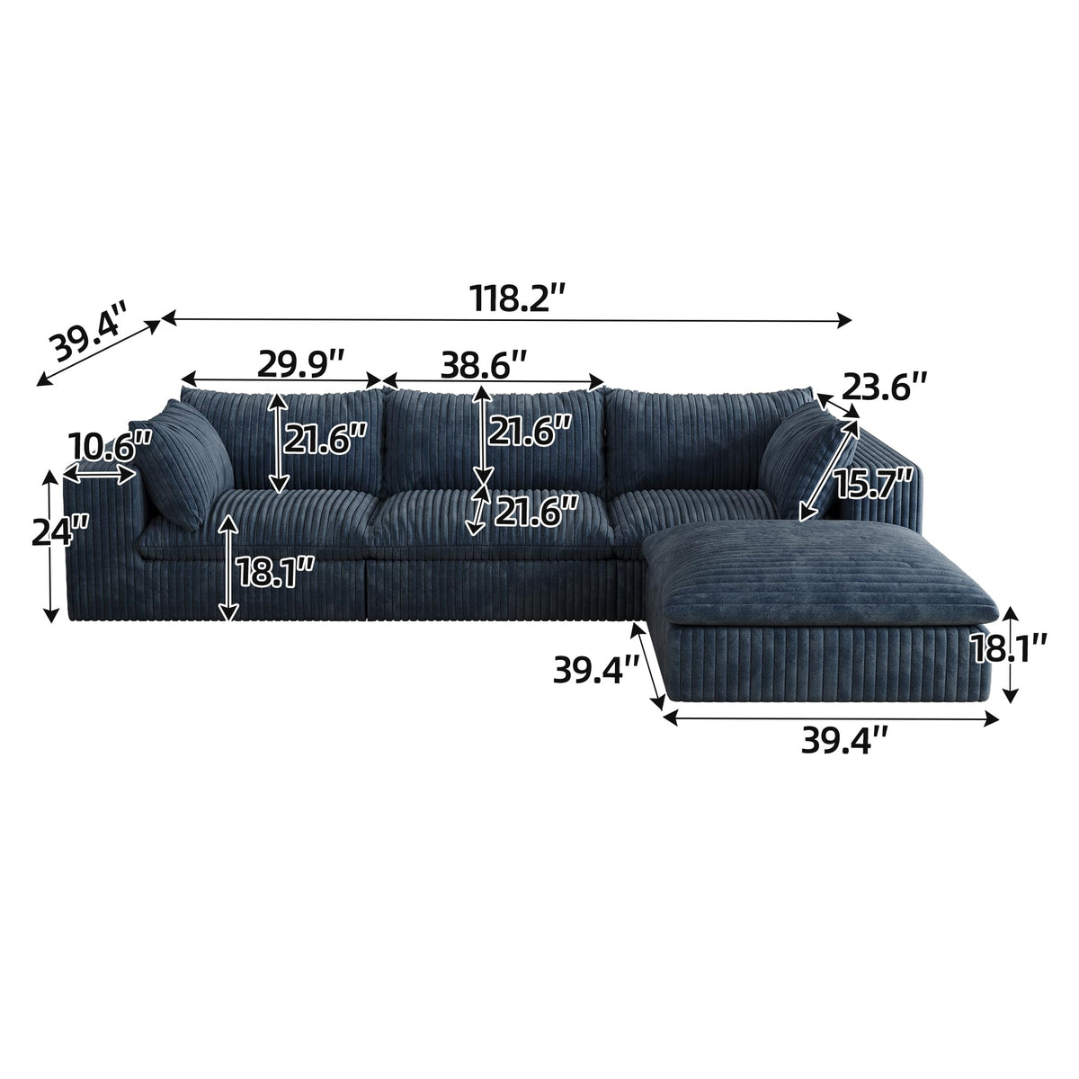 118.2" Cloud Sofa,Corduroy Fabric,Deep Seat Couches,Double Layer Design,Removable Cushion,No Assembly, DIY Combination for Living Room, Bedroom,Conference Room,Apartment,Blue FP615