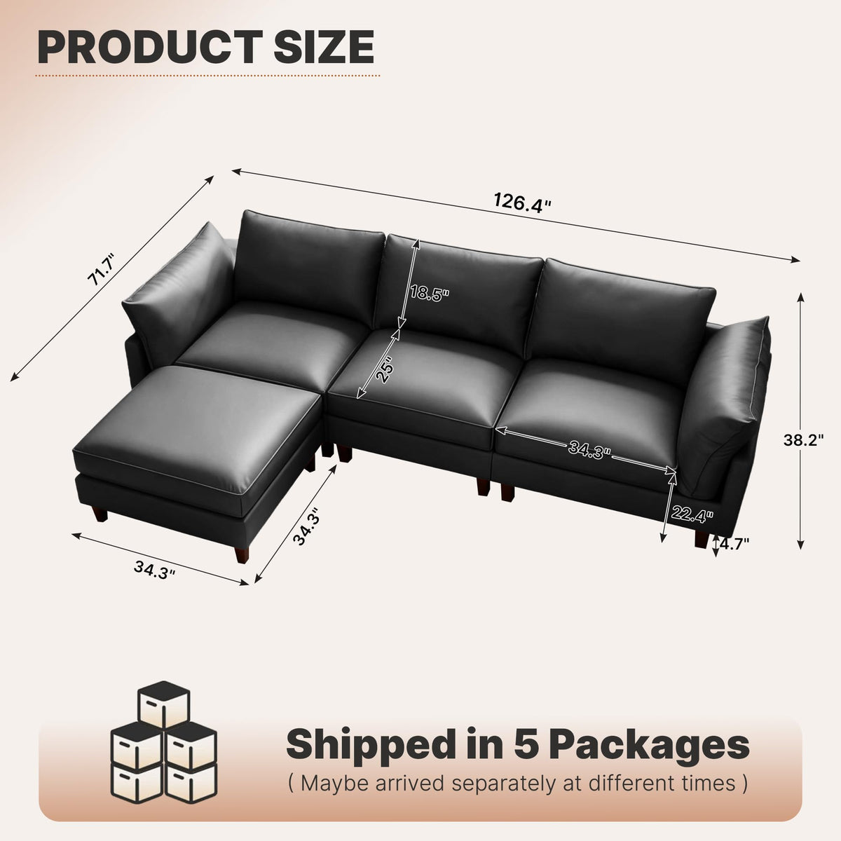 126" L Shaped Faux Leather Couch with Deep Seat for Living Room, Grey