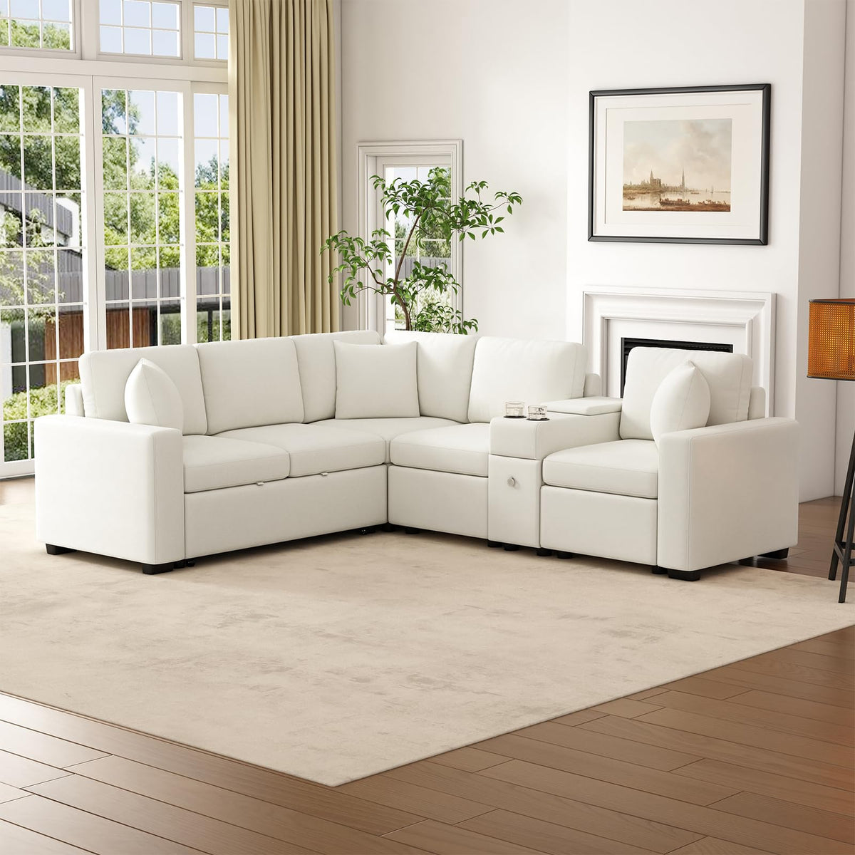 120.5" L-Shaped Modular Sectional Sofa with Cup Holders and 3 Removable Pillows Convertible Couch Bed with Pull-Out Bed and Ample Storage Space for Living Room Bedroom, White