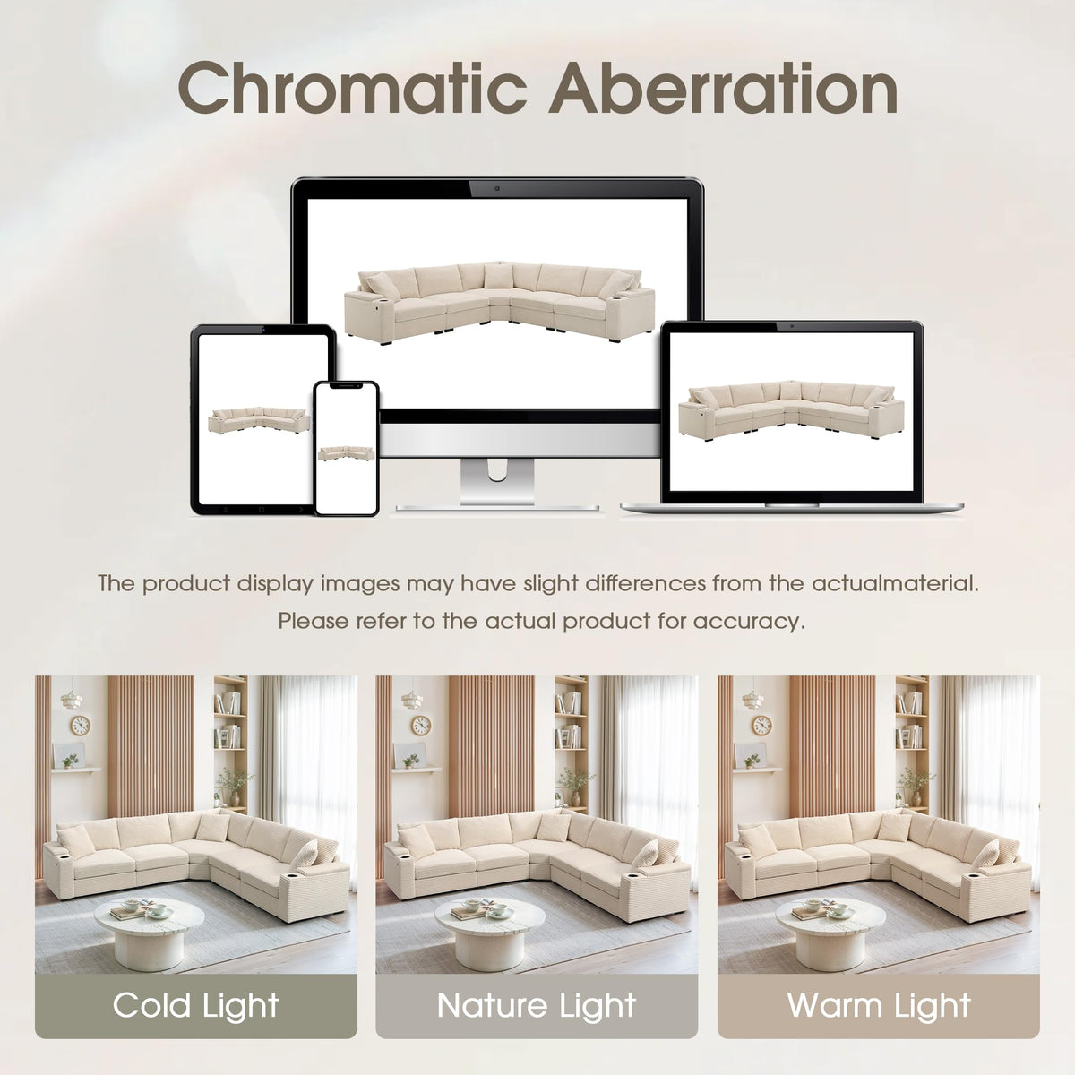 104" Convertible L-Shaped Sectional Sofa, Corduroy Corner Couch with Armrest Storage, Cup Holders, USB Charger, Irregular Corner, Oversized Comfy Modular Sofa for Living Room&Apartment，Beige