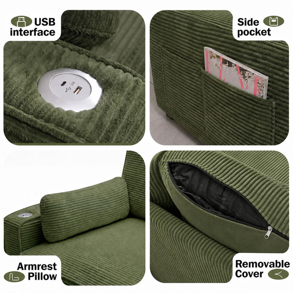 Vipbear 120" Modular Sectional L Shaped Sofa Couches for Living Room,3 Seat with 1 Movable Ottoman,Comfy Corduroy Sofa with USB Port,Side Pocket,Pillow,Green