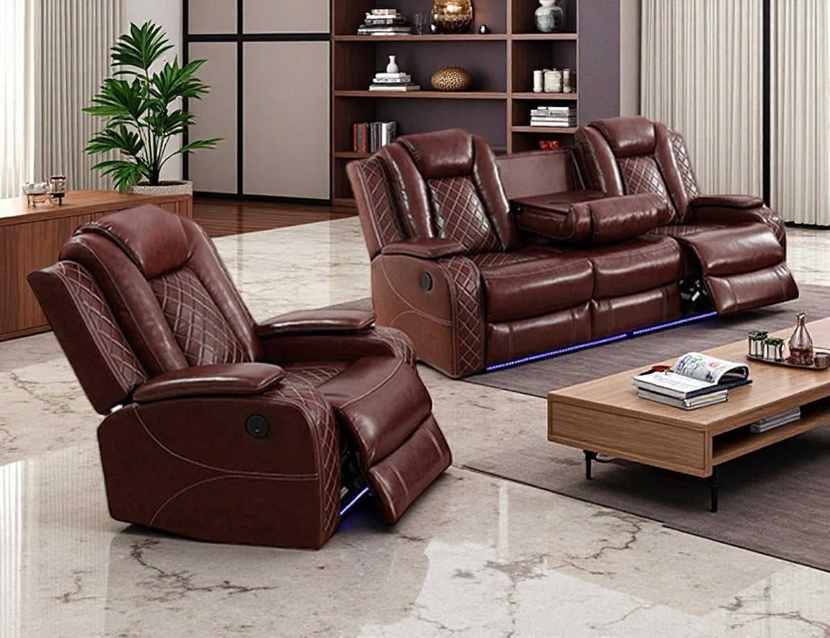 Power Recliner Sofa Set with LED Light, Black Leather Sectional Sofa and Chair Set, Living Room Furniture Sets, Modern Power Reclining Sets with Storage Console for House