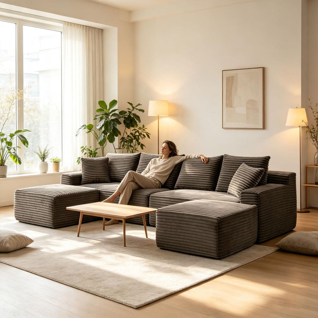 115" Modular Sectional Sofa, Corduroy U-Shaped Cloud Couch with Chaise ‌and Ottoman‌, No Assembly Boneless Couches for Living Room, Brown