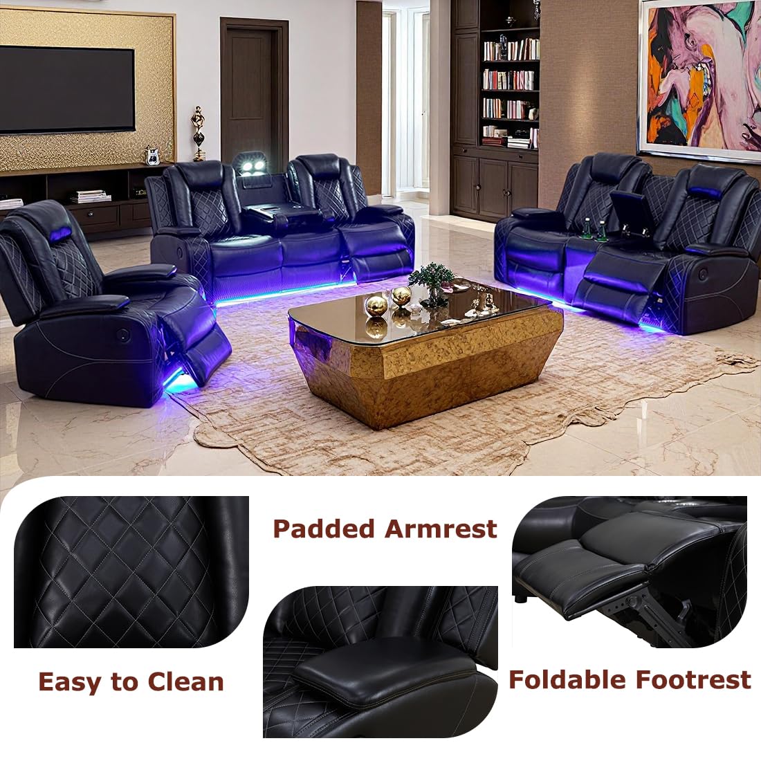 Power Recliner Sofa Set with LED Light, Black Leather Sectional Sofa and Chair Set, Living Room Furniture Sets, Modern Power Reclining Sets with Storage Console for House