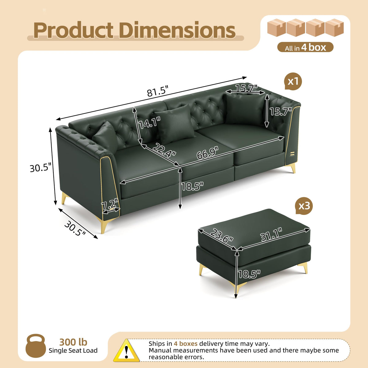 Tmsan 81.5" Green Faux Leather Modular Sleeper Sectional Sofa Couch Bed