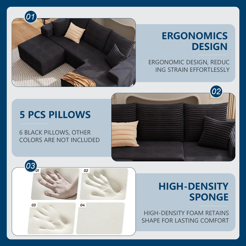 107.5" W Modular Sectional Sofa with Ottoman,Modern Corduroy U-Shaped Cloud Couch with Pillows,Comfy 3-Seater Sofa with Deep-Seat for Living Room, No Assembly Required (Black, Right-Facing Chaise)