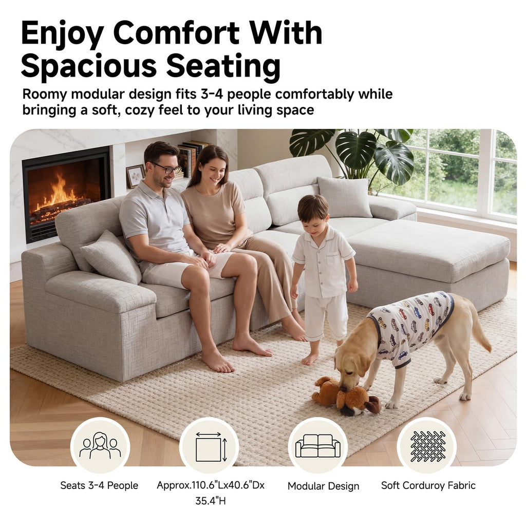 110" Sectional Boneless Sofa with Ottoman, L-Shaped Couch Bed No-Assembly Modular Sofa