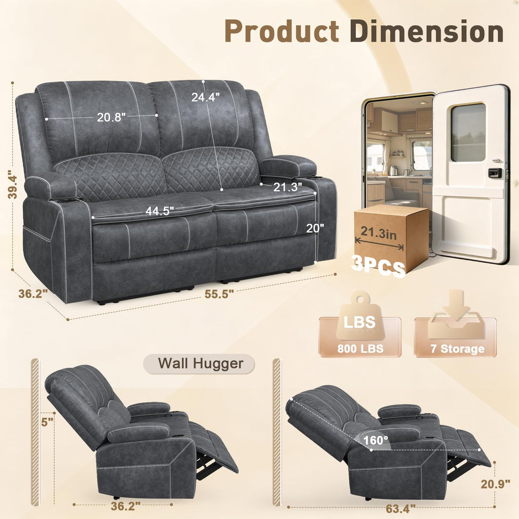 Yolsali Loveseat Recliner Sofa, RV Loveseat Wall Hugger (Velvet,Grey)
