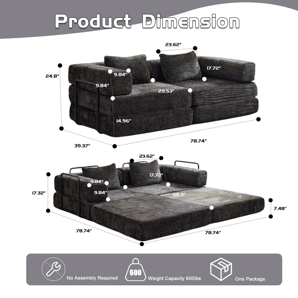 Tidyard Compression Sofa Bed, Convertible Floor Sofa with Fixed Frame, No Assembly Needed, Chenille Fabric Modular Loveseat, Easy Fold-Out Design for Living Room Bedroom, Black