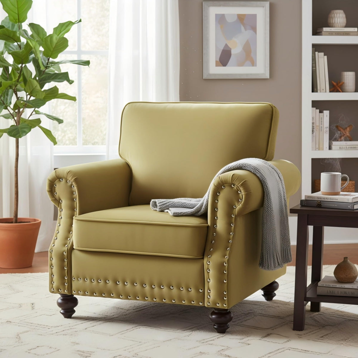 Velvet Sofa Seating with Rolled Arms and Nailhead Trim, Upholstered Living Room Couch, Loveseat or Accent Armchair with Loose Back Cushions, High Density Foam Seats (Green,Couch)