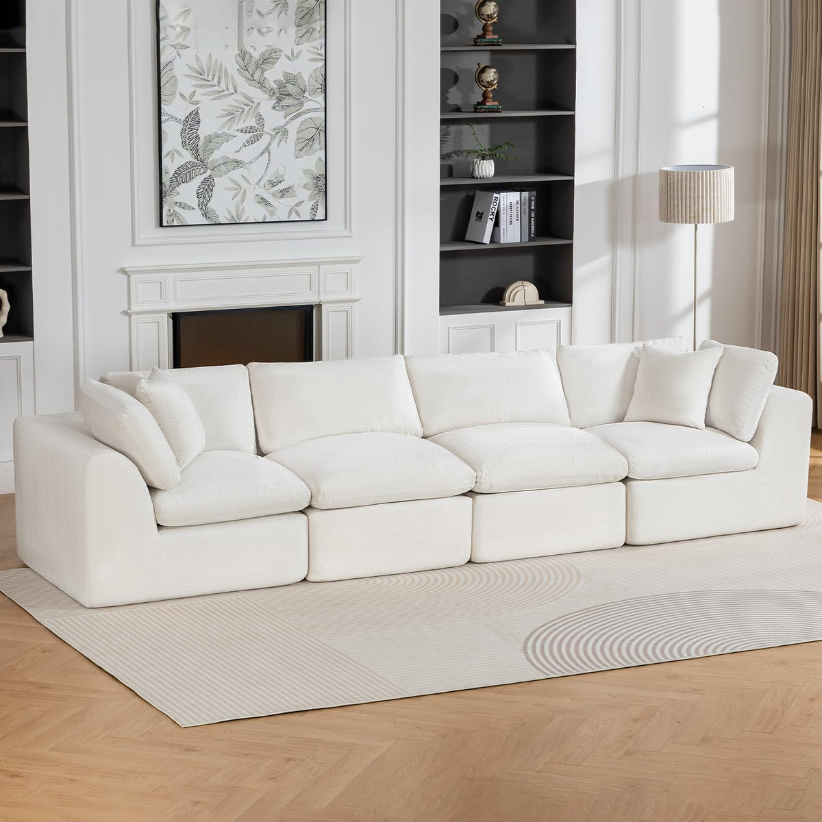 110" Beige Boneless Sectional Couch with Ottoman