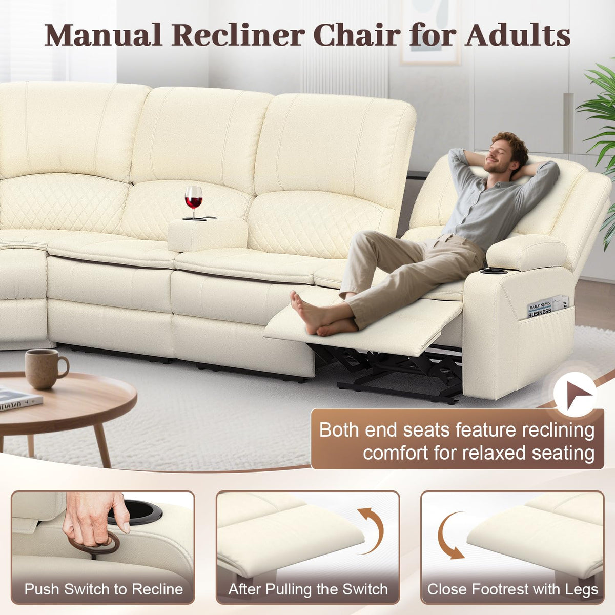 Yolsali Manual Reclining Sectional Sofa Set, 7 Seats Soft Leather Recliner