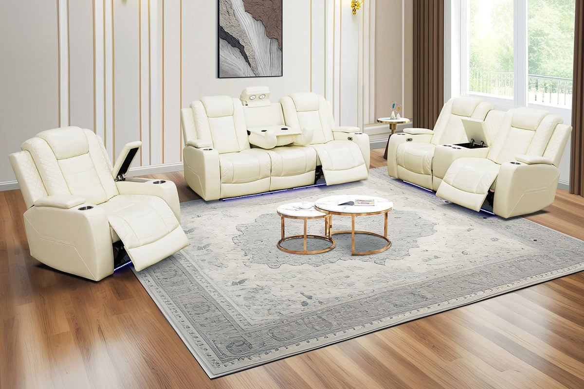 A Ainehome Power Leather Recliner Sofa Set with LED Lights, Recliner Sofa Sectional Couches for Living Room, Reclining Sofa, loveseat, Chair with USB Port/Storage Console/Cup Holder(black,3-piece set)