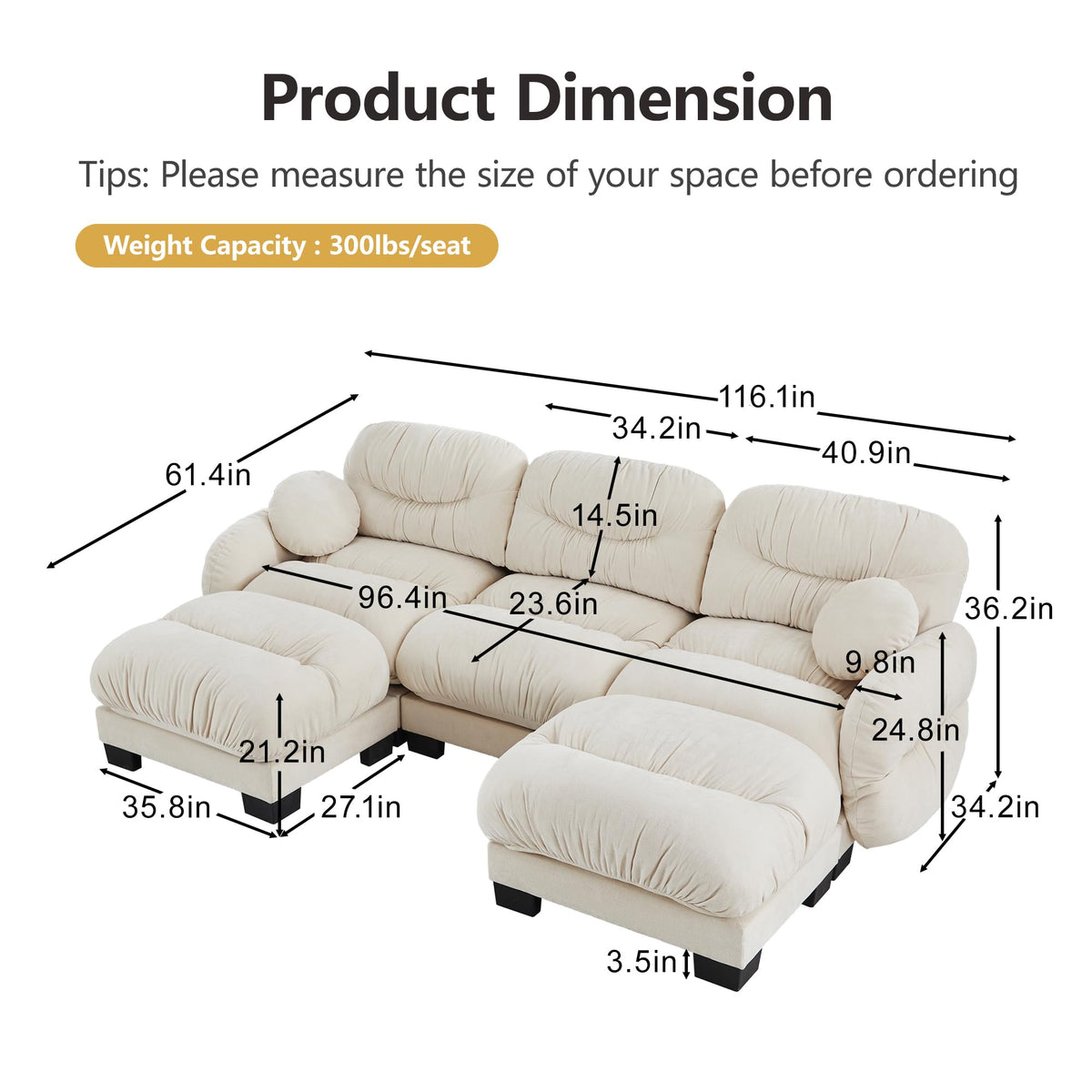 116" U Sectional Couches for Living Room, 3 Seater Modular Couch with 2 Ottoman, Cloud Sofa with Soft Chenille Fabric, High-Density Foam Cushion, Living Room Furniture, Beige