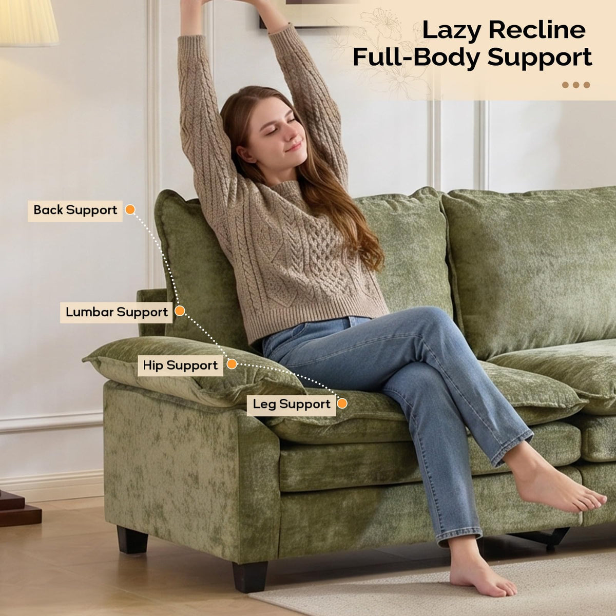 VINGLI 122" Chenille Double Layer Sofa Couch with 1 Ottoman, L-Shaped Sectional Cloud Couch for Small Spaces, Modern 3-Seater Sofa Set for Living Room & Apartment, Olive Green