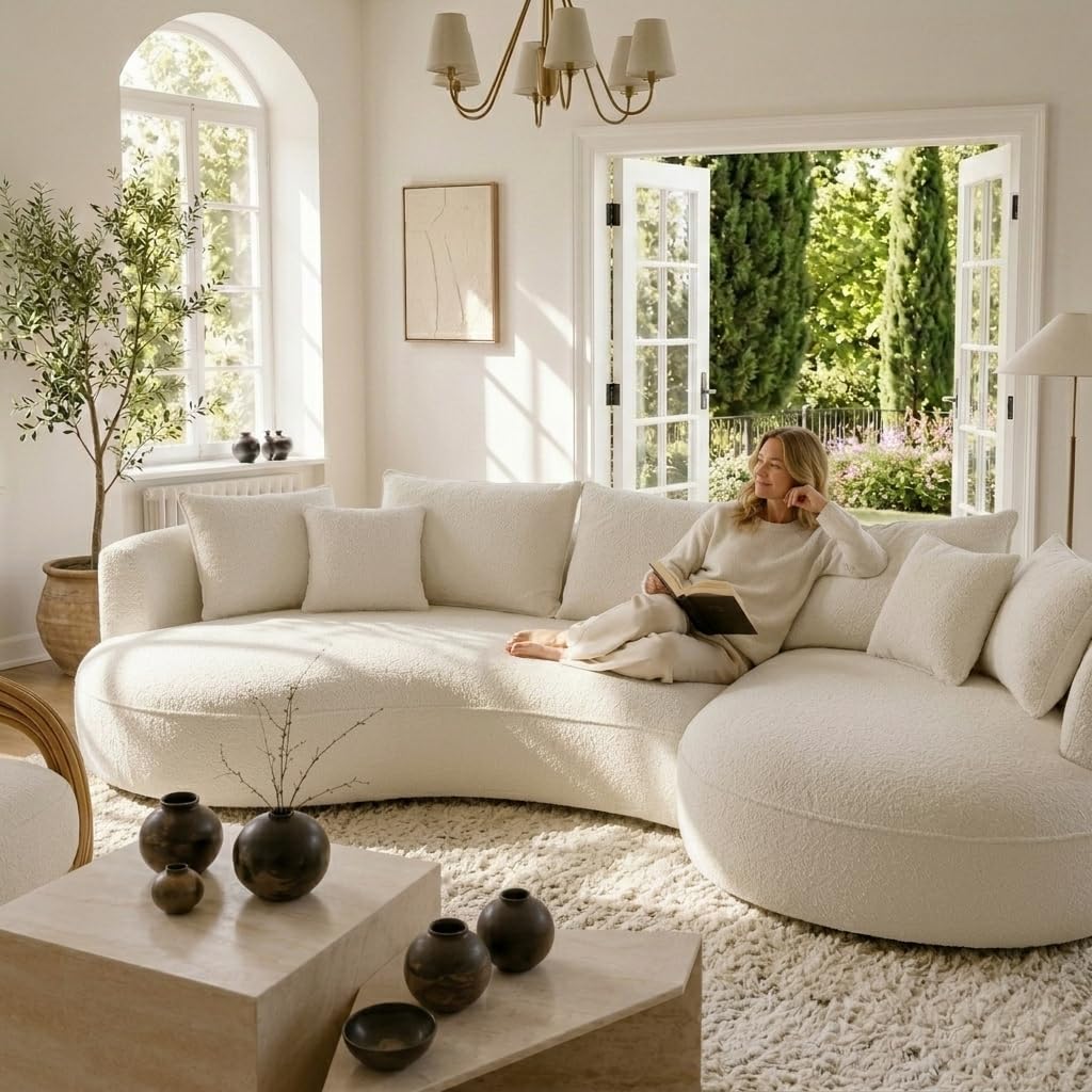 124.8" Modern Curved Sectional Sofa with Chaise, Upholstery Boucle Sofa with Pillows,Sectional Couch for Living Room - (Beige,Right Hand Facing)