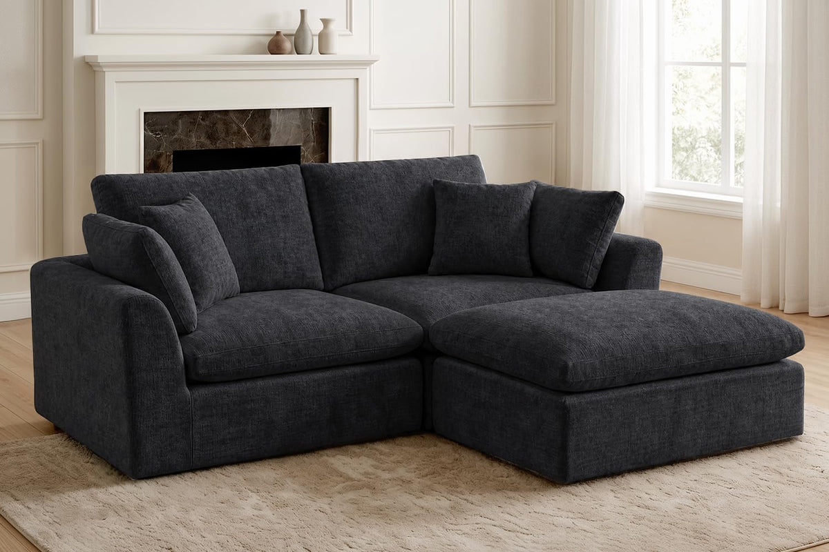 127" Cloud Sofa, U-Shape 3-Seater Modular Couch with 2 Ottomans, Black
