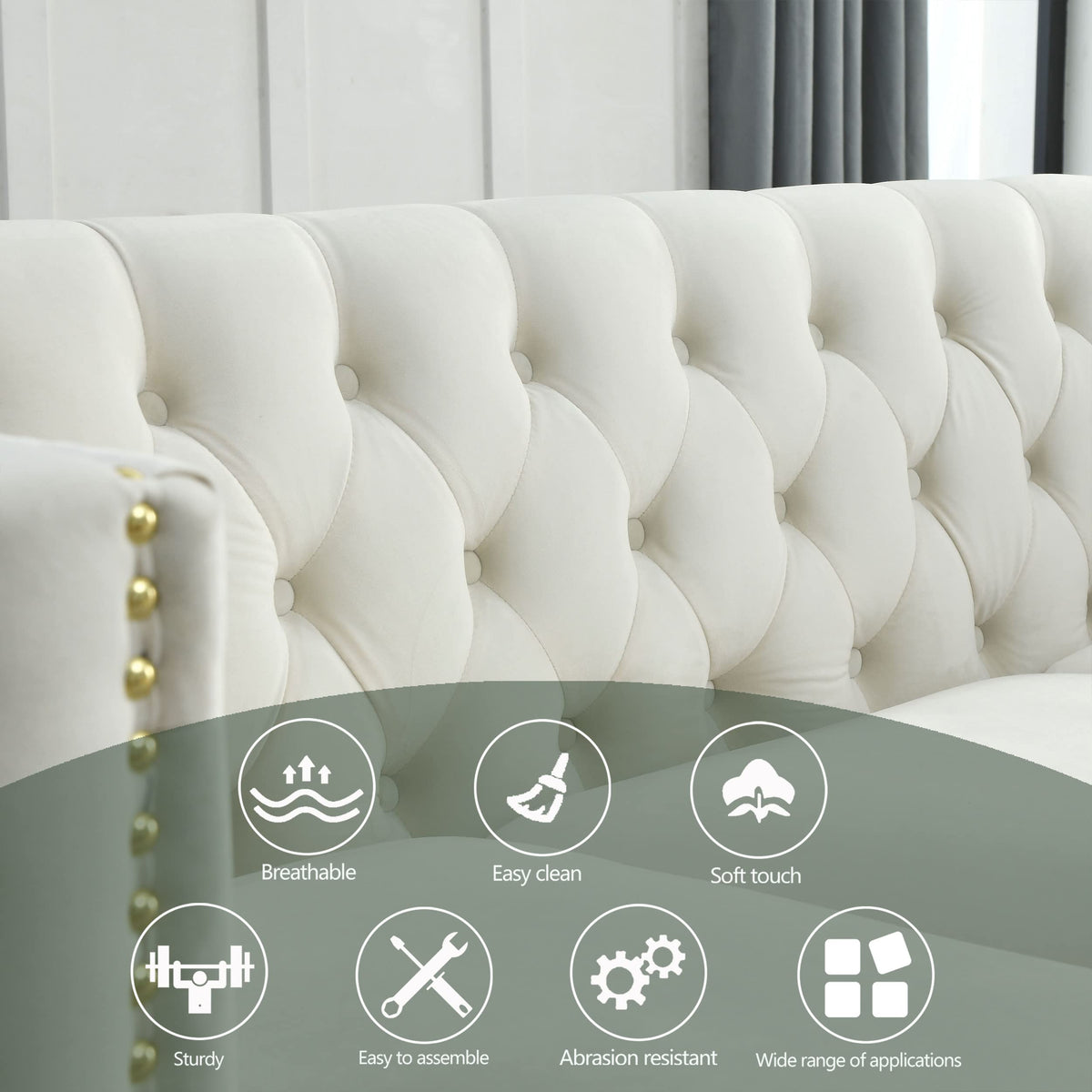 Velvet Tufted Chesterfield Sofa,Buttons Tufted Square Arm Couch, 3-Seater Couch with Nailhead Trim and Metal Legs, 80.5 Inch, for Living Room (Beige)