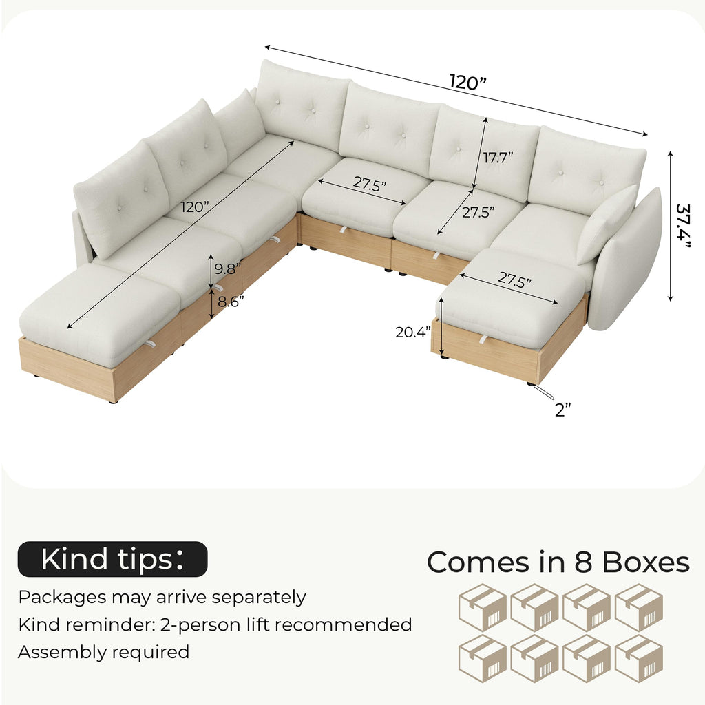 120'' U/V Shaped Cloud Couch Modular Sectional Sofa with Storage