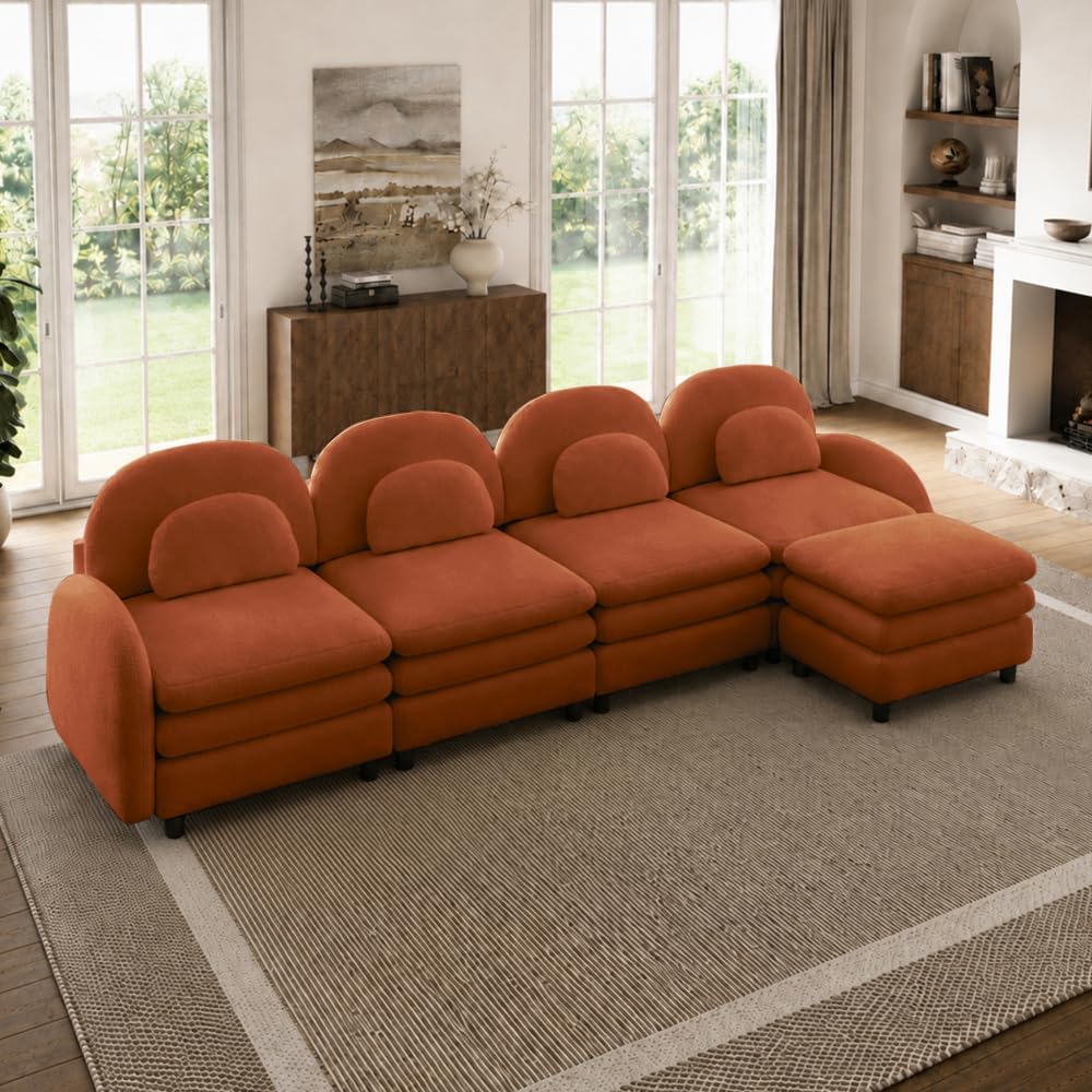 Teddy Fabric Cloud-Like 4-Seat Sofa,Curved Backrest and Armrest with Curved Lumbar Pillows, Sectional 4 Seater Modular Couch with Movable Ottoman and Supportive Double-Layer Cushion (Beige White)