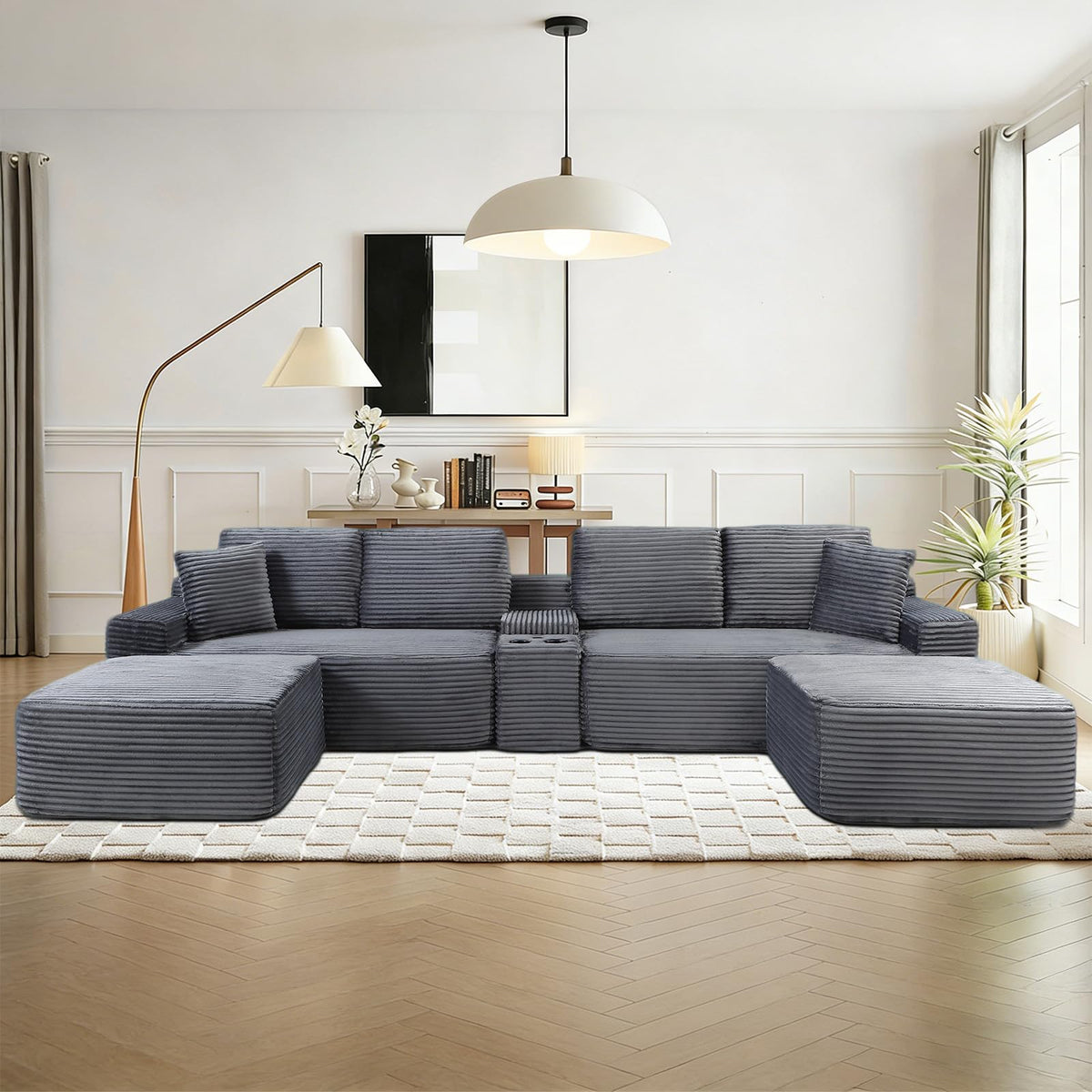 125" U Shaped Sectional Couch,Boneless Cloud Couch Featuring USB Ports,Cup Holders & Storage.Made of Corduroy Fabric and Features Two Movable Sofa Modules for Flexible Living Room Layouts. (Gray)