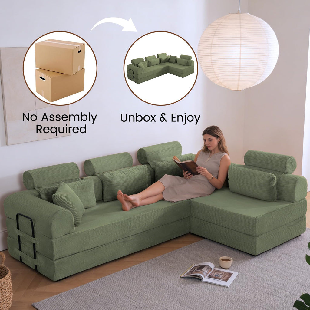 106" Convertible Sleeper Sectional Sofa Bed, 4-in-1 Corduroy Boneless Couch with Fixed-Shape Frame, Modular L-Shaped Sofa with Pillows, Fold Out Floor Sofa for Living Room Apartment (Light green)
