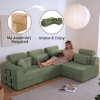 106" Convertible Sleeper Sectional Sofa Bed, 4-in-1 Corduroy Boneless Couch with Fixed-Shape Frame, Modular L-Shaped Sofa with Pillows, Fold Out Floor Sofa for Living Room Apartment (Light green)
