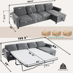 106.5" Convertible Sleeper Sofa Bed with Pull Out Couch, Dark Grey L Shaped Couch with Storage Chaise & Memory Mattress, Modular Sectional Couches with Wireless Charging & USB for Living Room